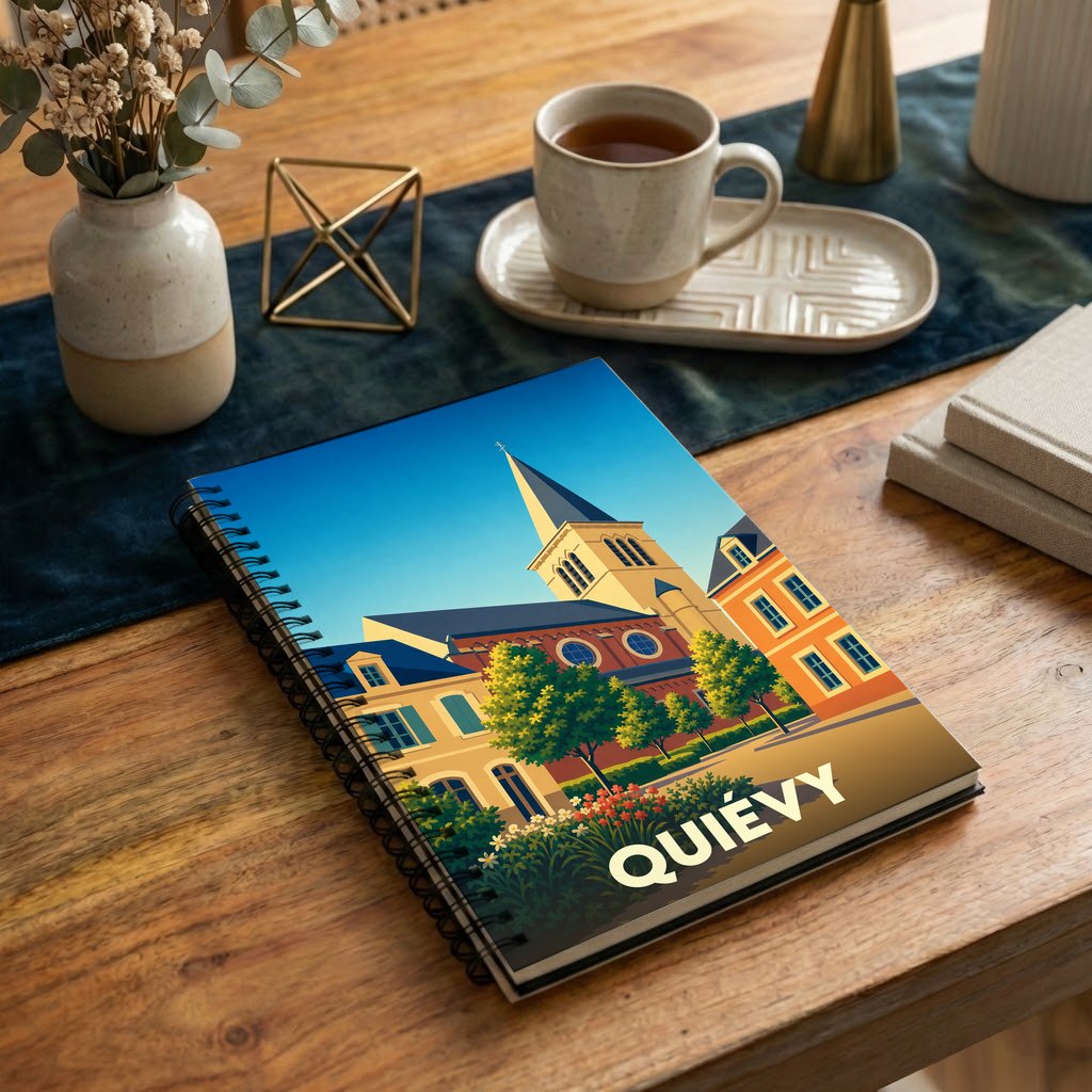Carnet à spirales souvenir de la ville de Quiévy avec une illustration stylisée de son église et de ses maisons colorées.