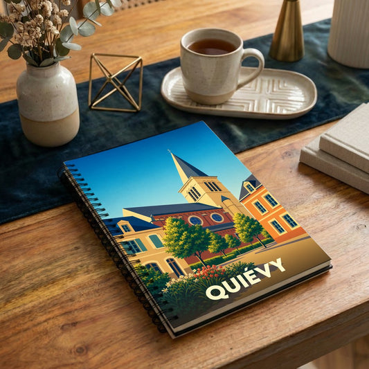 Carnet à spirales souvenir de la ville de Quiévy avec une illustration stylisée de son église et de ses maisons colorées.