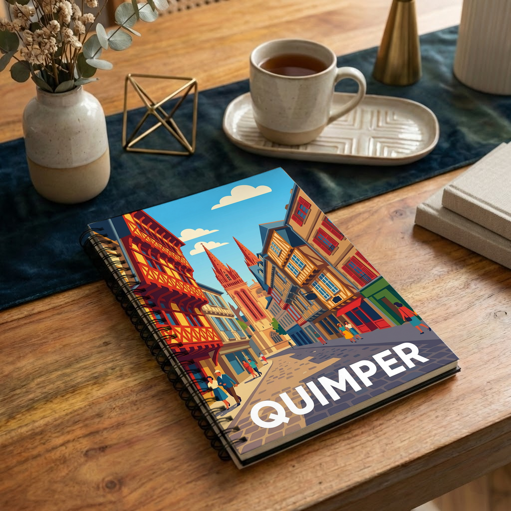 Carnet souvenir de la ville de Quimper avec une illustration stylisée de ses rues historiques.