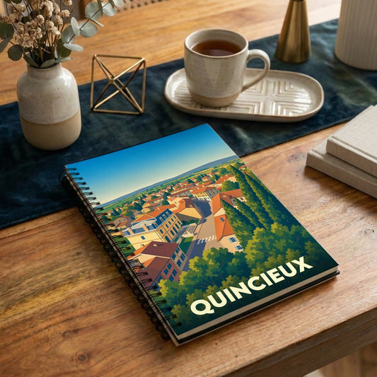 Carnet souvenir à spirale de la ville de Quincieux avec une illustration panoramique stylisée.