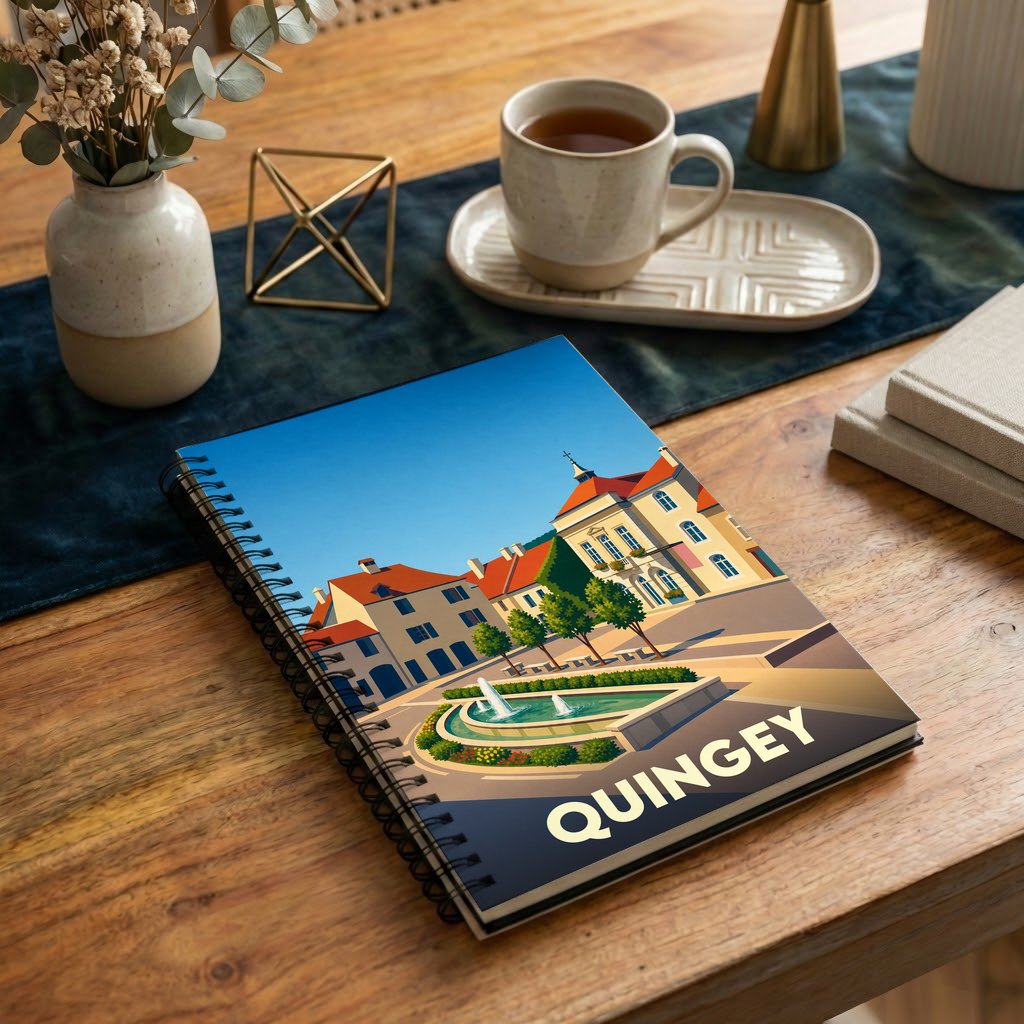 Carnet à spirales souvenir de la ville de Quingey avec une illustration stylisée de sa place principale.