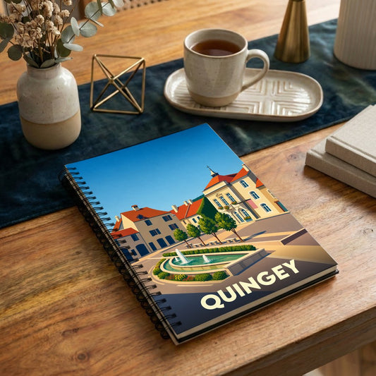 Carnet à spirales souvenir de la ville de Quingey avec une illustration stylisée de sa place principale.