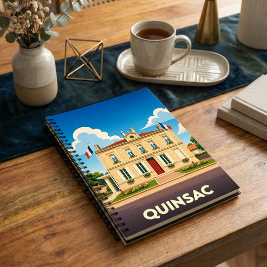Carnet de notes souvenir de la ville de Quinsac avec une illustration stylisée de sa mairie.