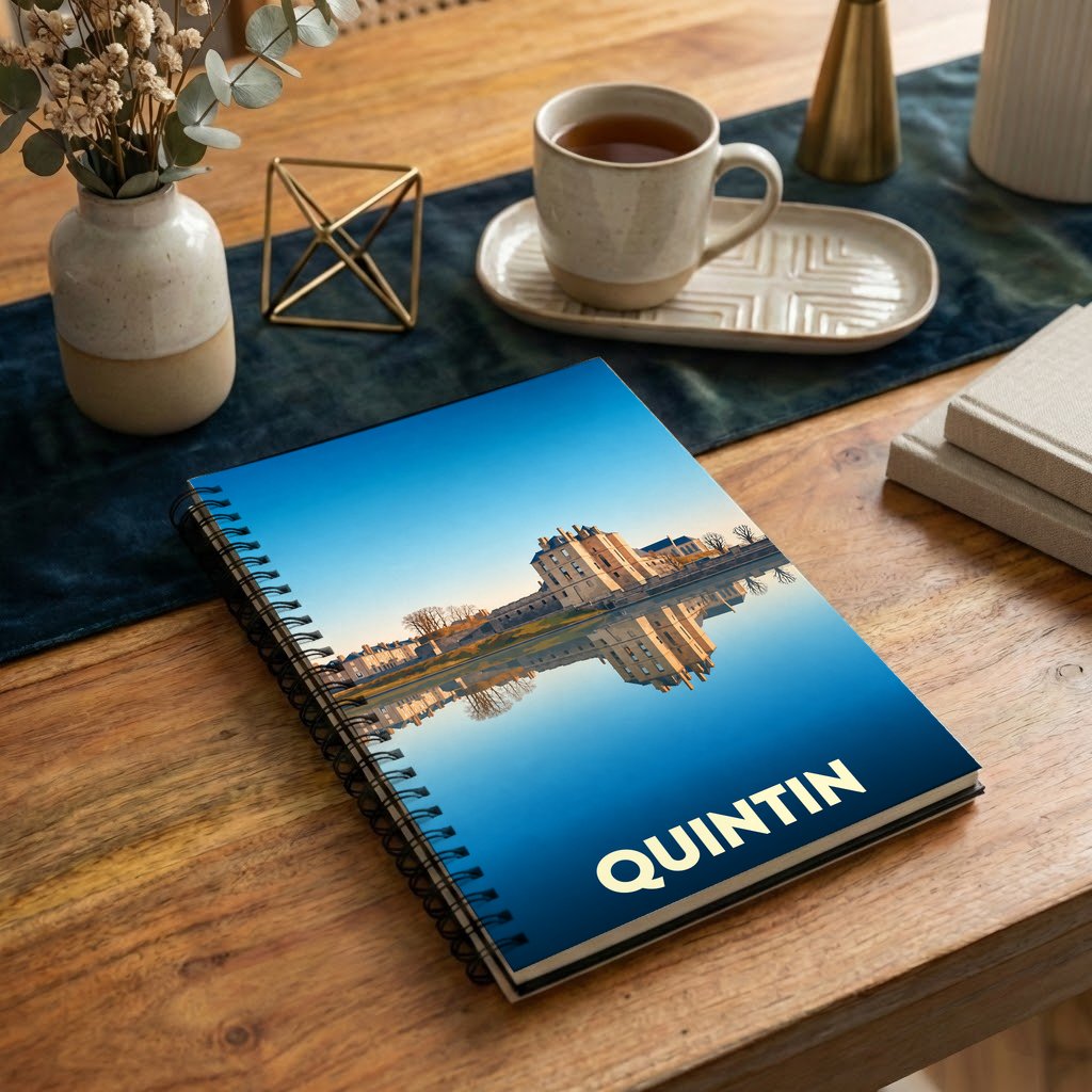 Carnet souvenir de la ville de Quintin illustré par une vue du château se reflétant dans l'eau.