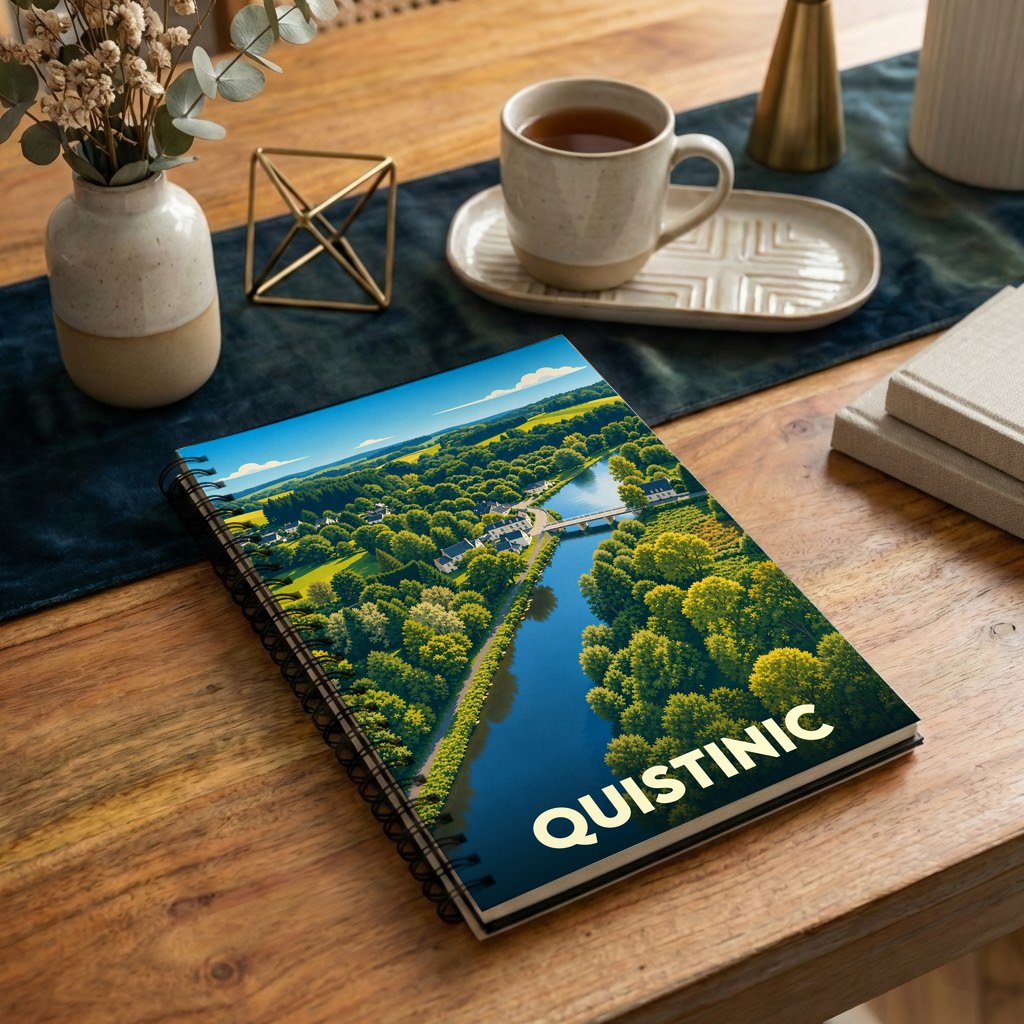 Carnet à spirales souvenir de la ville de Quistinic avec une illustration stylisée de paysages verdoyants et d'une rivière.