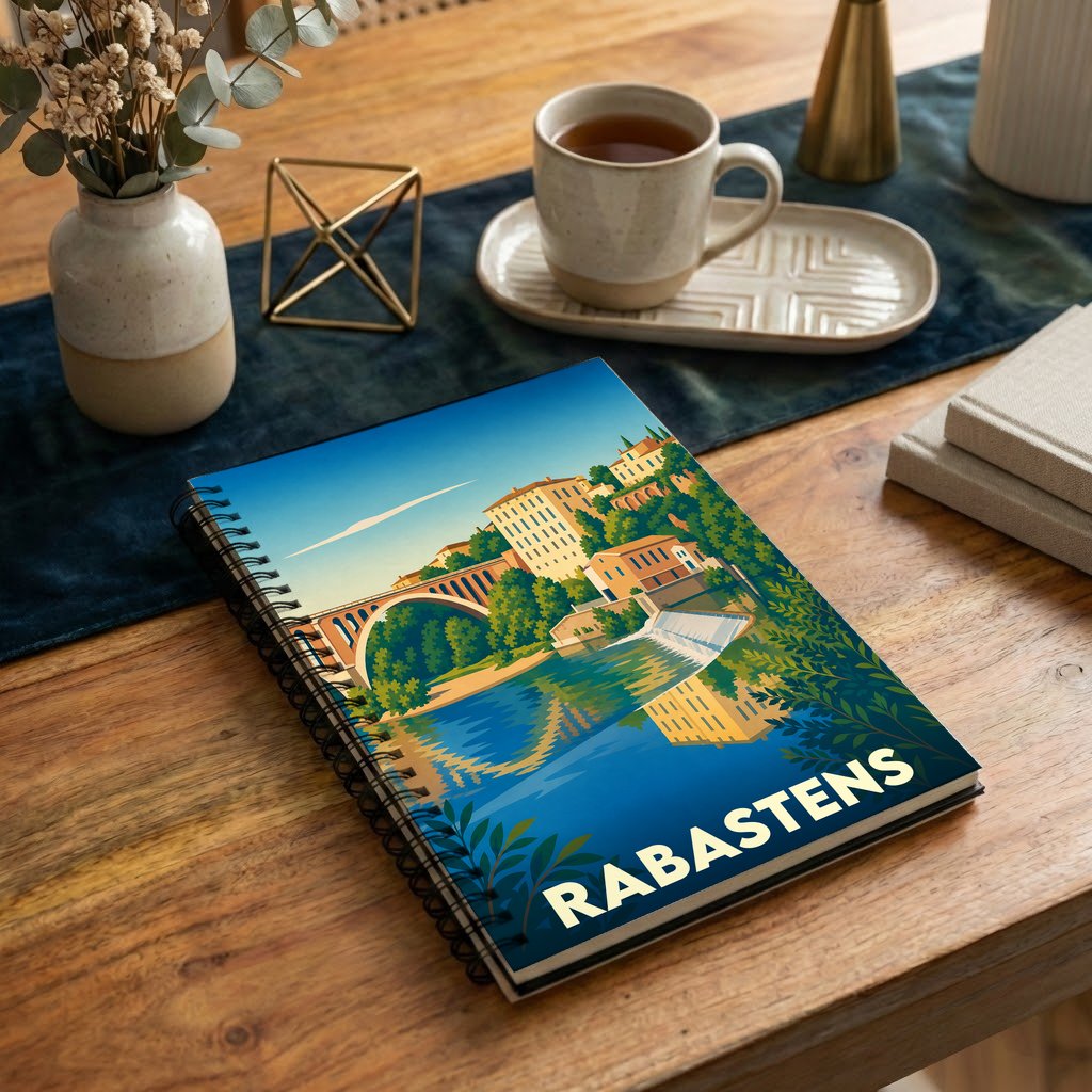 Carnet souvenir de la ville de Rabastens avec une illustration stylisée de son pont et de ses monuments en bordure de rivière.