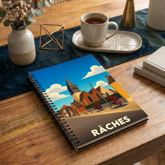 Carnet de notes à spirales souvenir de la ville de Râches avec une illustration stylisée de son église.