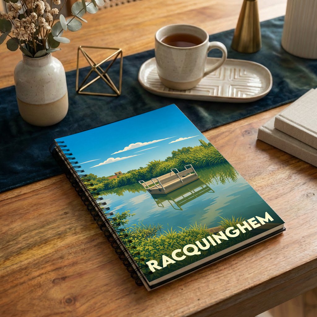 Carnet à spirales souvenir de la ville de Racquinghem avec une illustration stylisée d'un ponton sur une rivière.