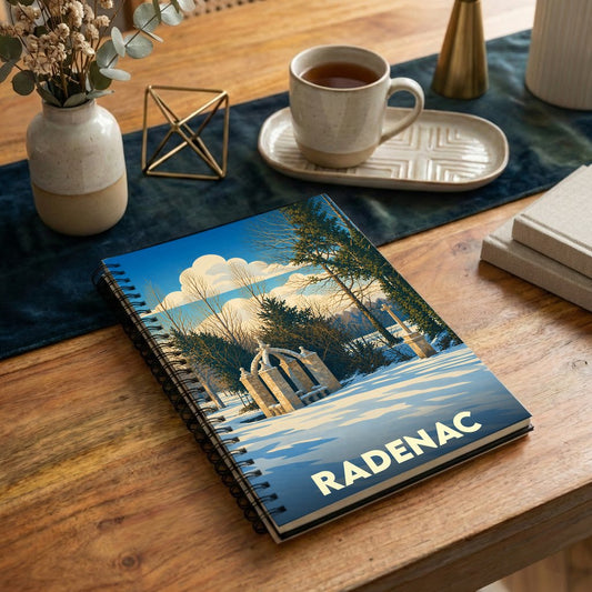 Carnet souvenir à spirale de la ville de Radenac avec une illustration stylisée de paysage hivernal.