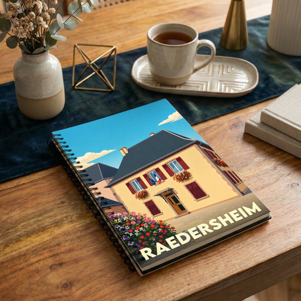 Carnet à spirales souvenir de la ville de Raedersheim avec une illustration stylisée d'une maison alsacienne fleurie.