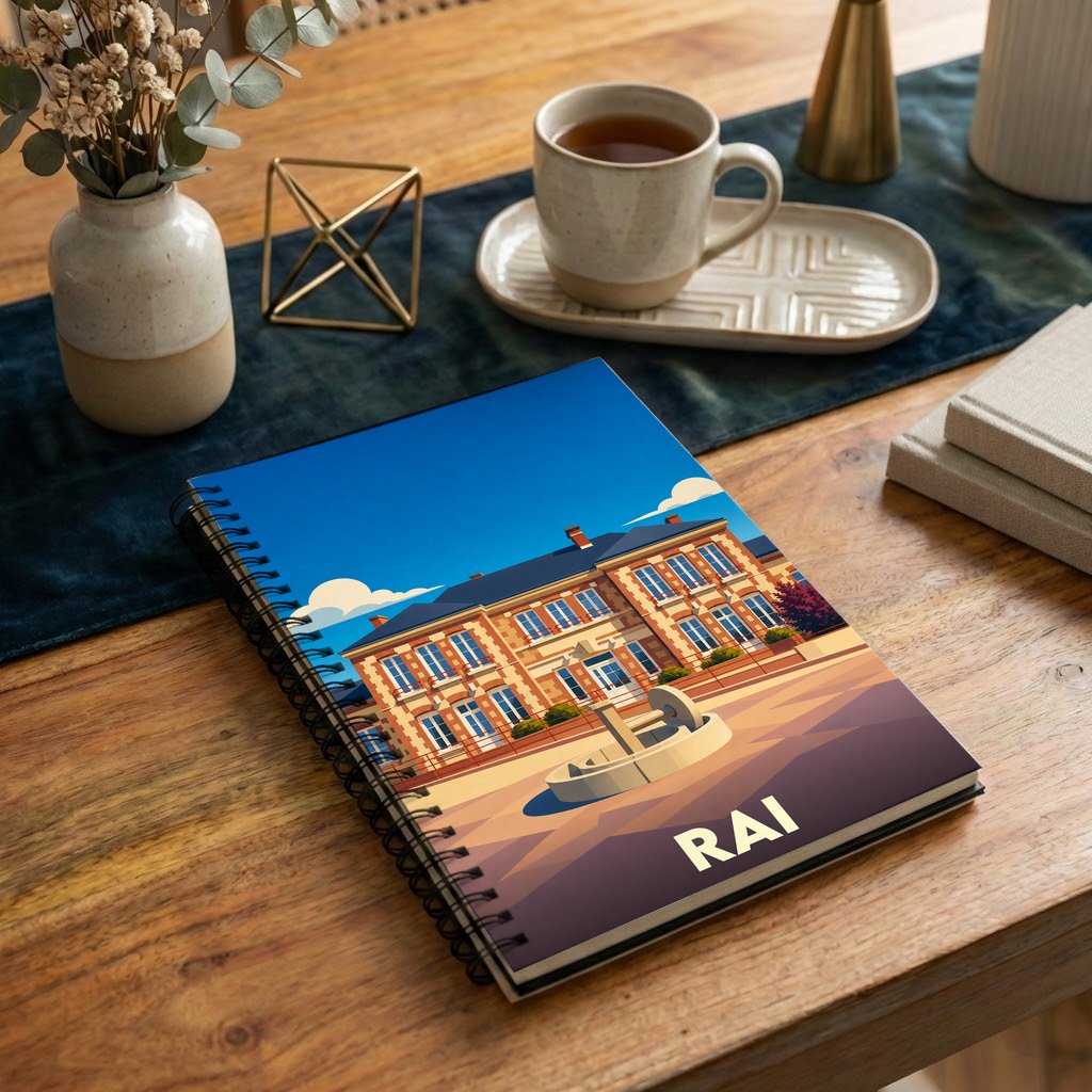 Carnet souvenir de la ville de Rai avec une illustration stylisée de sa mairie.