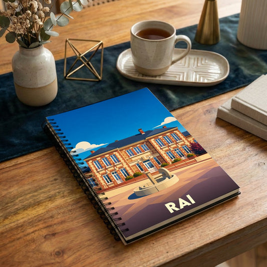 Carnet souvenir de la ville de Rai avec une illustration stylisée de sa mairie.