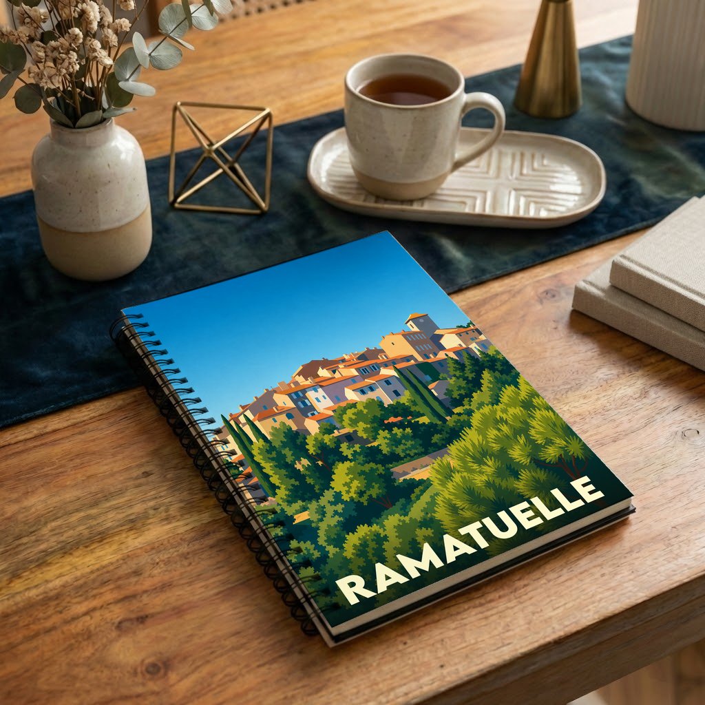 Carnet à spirales souvenir de la ville de Ramatuelle avec une illustration stylisée.