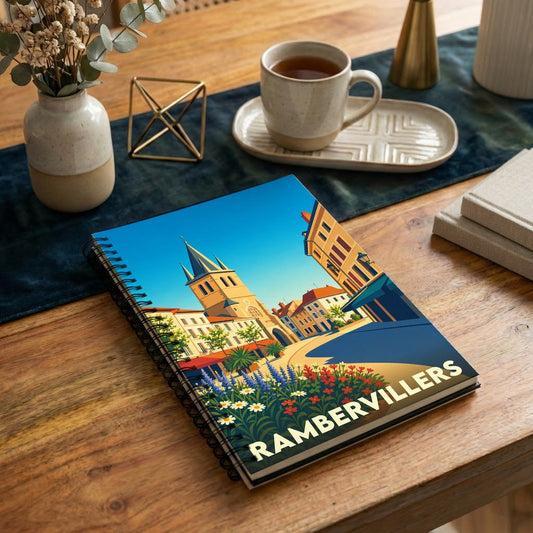Carnet souvenir de la ville de Rambervillers avec une illustration stylisée d'une place ensoleillée.