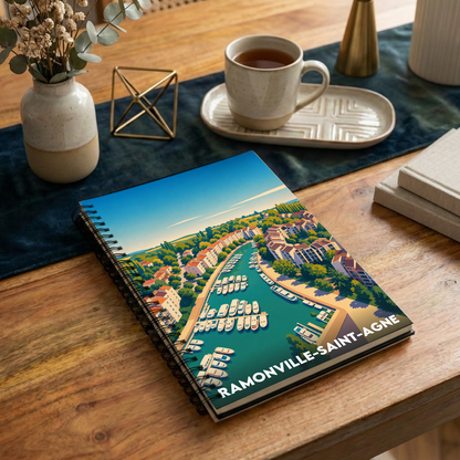 Carnet souvenir de la ville de Ramonville-Saint-Agne avec une illustration stylisée de son port de plaisance.