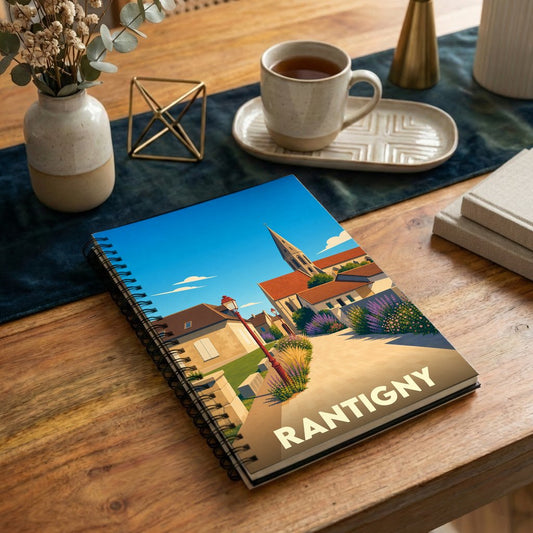 Carnet de notes souvenir de la ville de Rantigny avec une illustration stylisée et colorée.