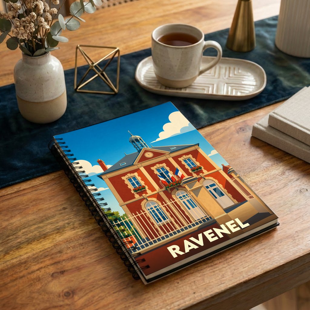 Carnet à spirales souvenir de la ville de Ravenel avec une illustration stylisée de sa mairie.