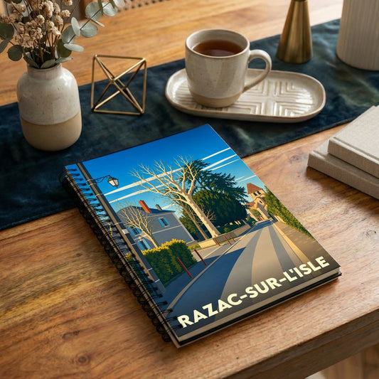 Carnet souvenir de la ville de Razac-sur-l'Isle avec une illustration stylisée et colorée.