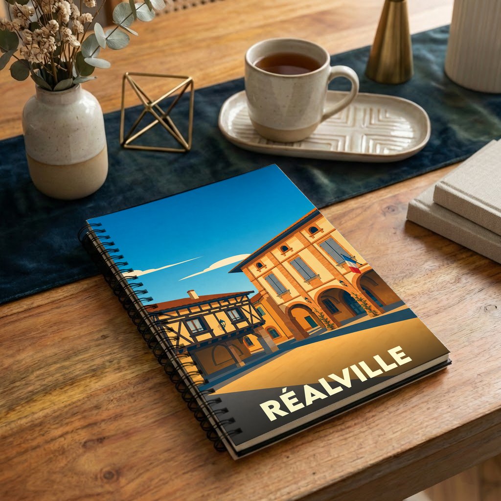 Carnet à spirales souvenir de la ville de Réalville avec une illustration stylisée.