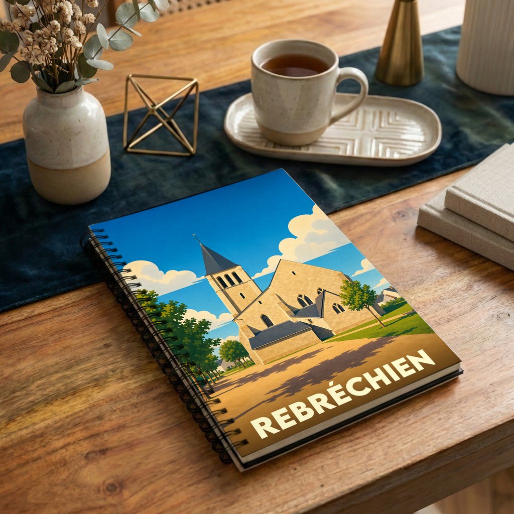 Carnet à spirales souvenir de la ville de Rebréchien avec une illustration stylisée de son église.
