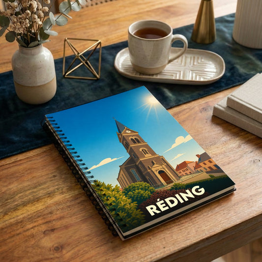 Carnet souvenir de la ville de Réding avec une illustration stylisée de son église sous un ciel ensoleillé.