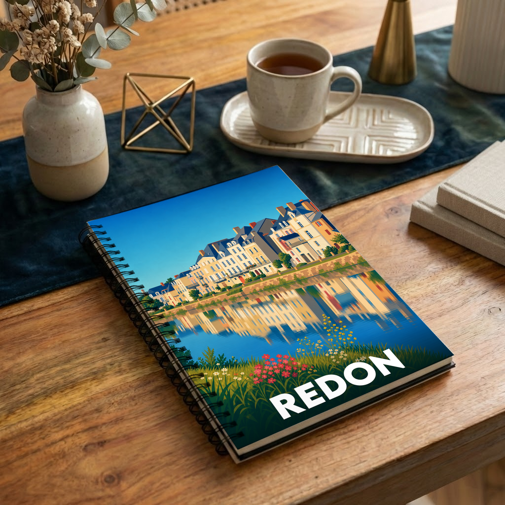Carnet souvenir de la ville de Redon orné d'une illustration stylisée de ses quais et de leurs reflets.