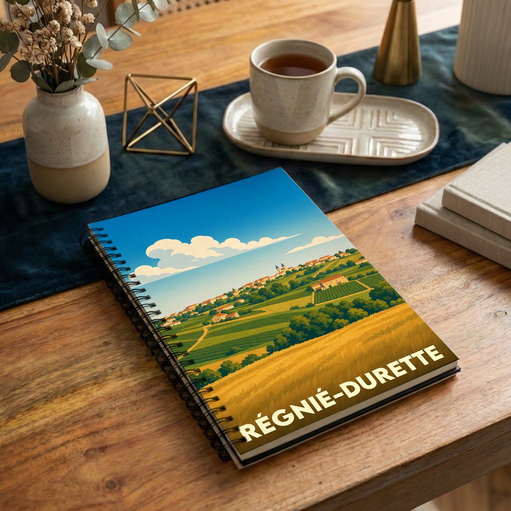 Carnet à spirale souvenir de la ville de Régnié-Durette avec une illustration stylisée de paysages vallonnés.