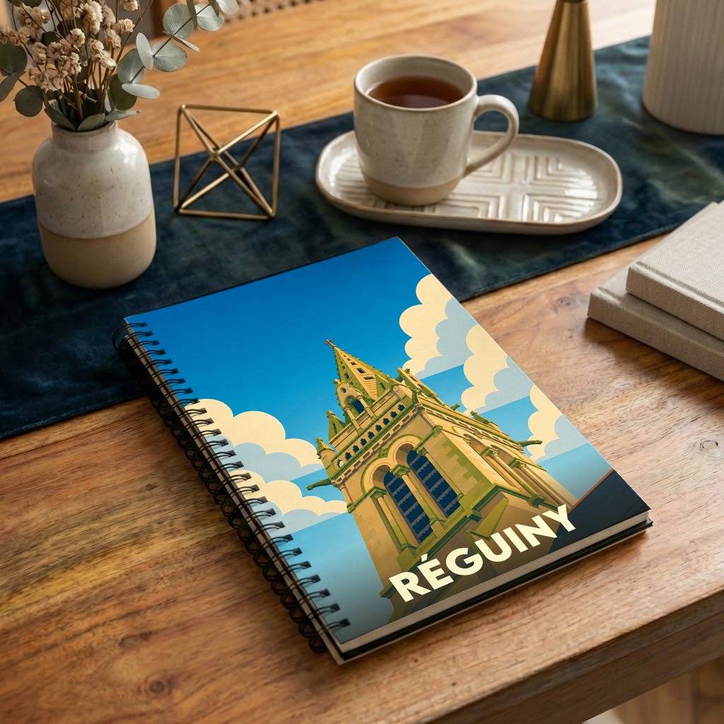 Carnet à spirales souvenir de la ville de Réguiny avec une illustration stylisée de son église.