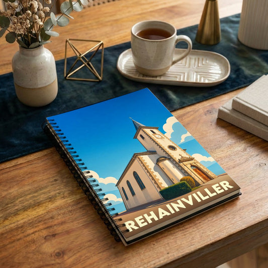 Carnet à spirales souvenir de la ville de Rehainviller avec une illustration stylisée de son église sous un ciel bleu.