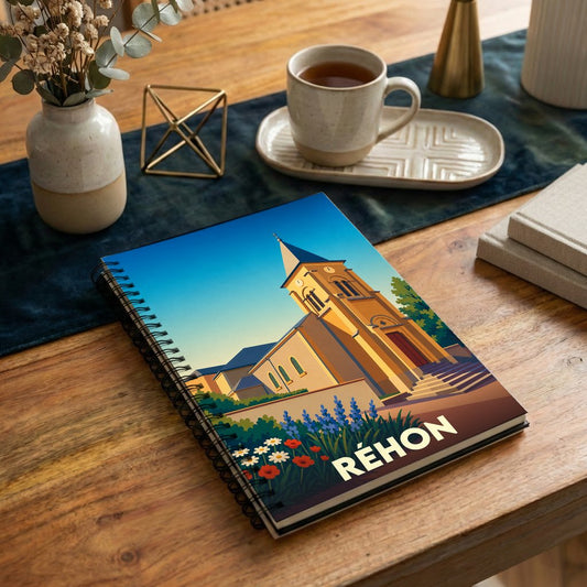 Carnet à spirales souvenir de la ville de Réhon avec une illustration stylisée de son église et de ses jardins.