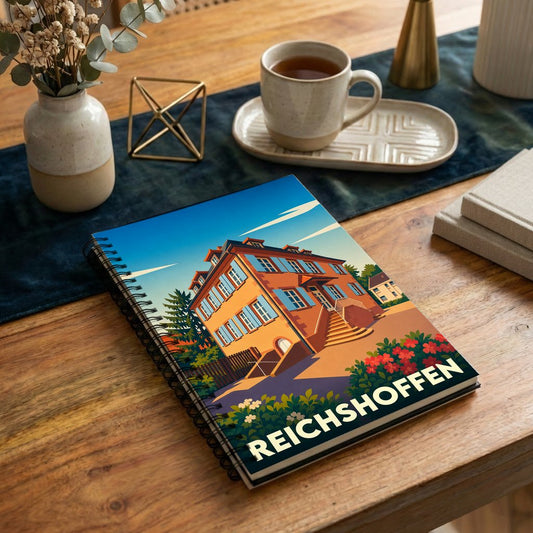 Carnet à spirales souvenir de la ville de Reichshoffen avec une illustration stylisée d'une demeure historique.
