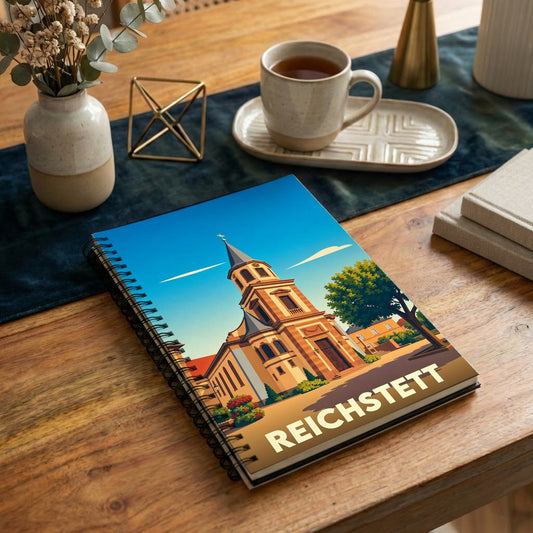 Carnet à spirales souvenir de la ville de Reichstett illustré d'un dessin stylisé de son église.