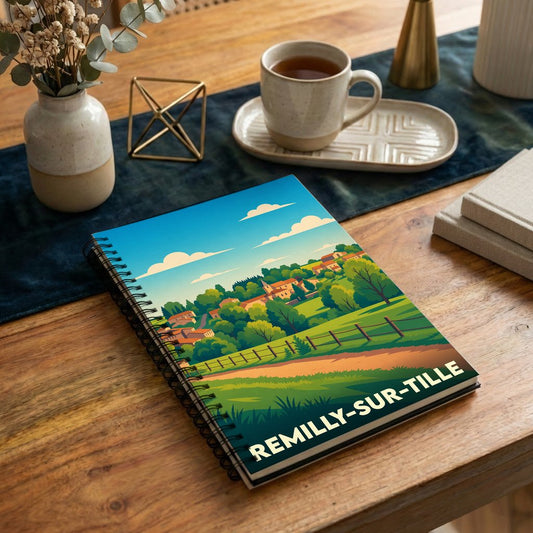 Carnet à spirales souvenir de la ville de Remilly-sur-Tille avec une illustration de paysage champêtre.