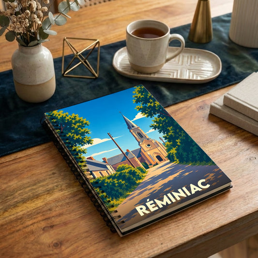 Carnet à spirales souvenir de la ville de Réminiac avec une illustration stylisée de son église.
