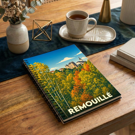 Carnet à spirales souvenir de la ville de Remouillé avec une illustration stylisée de son paysage automnal.