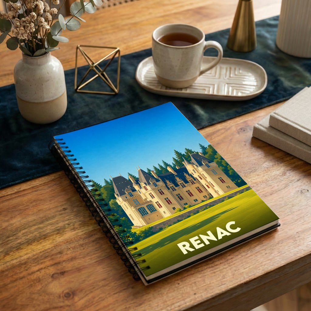Carnet à spirales souvenir de la ville de Renac avec une illustration stylisée de son château.