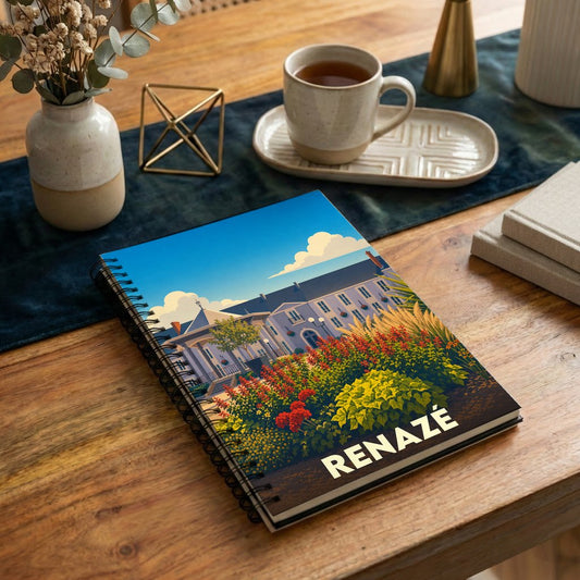 Carnet à spirales souvenir de la ville de Renazé avec une illustration stylisée et colorée.