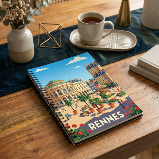 Carnet souvenir de la ville de Rennes avec une illustration stylisée et colorée.
