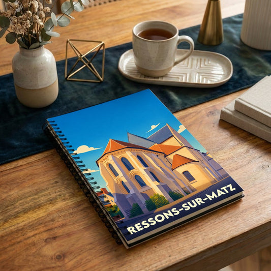 Carnet à spirales souvenir de la ville de Ressons-sur-Matz avec une illustration stylisée de son église.