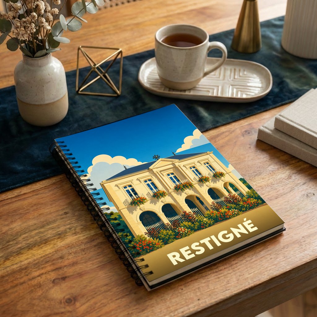 Carnet souvenir de la ville de Restigné avec une illustration stylisée de son architecture.