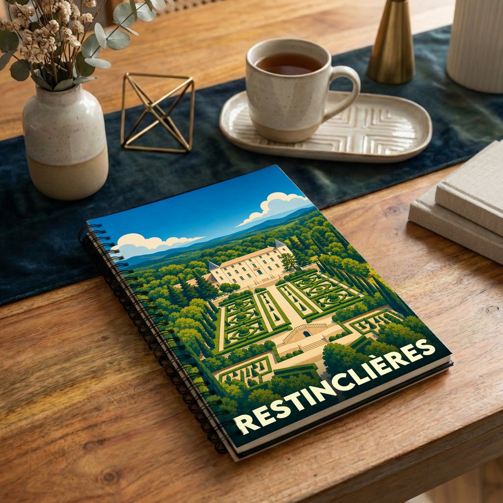 Carnet souvenir de la ville de Restinclières avec une illustration stylisée de son château et de ses jardins.