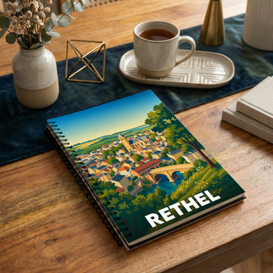 Carnet à spirales souvenir de la ville de Rethel avec une illustration colorée et stylisée de son paysage urbain.