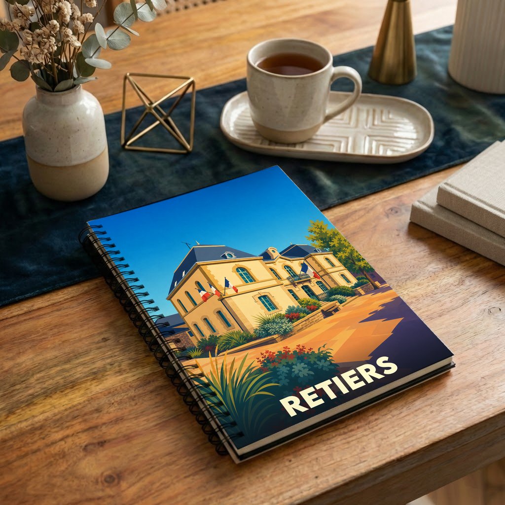 Carnet à spirales souvenir de la ville de Retiers avec une illustration stylisée de son hôtel de ville.