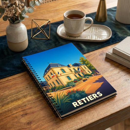 Carnet à spirales souvenir de la ville de Retiers avec une illustration stylisée de son hôtel de ville.