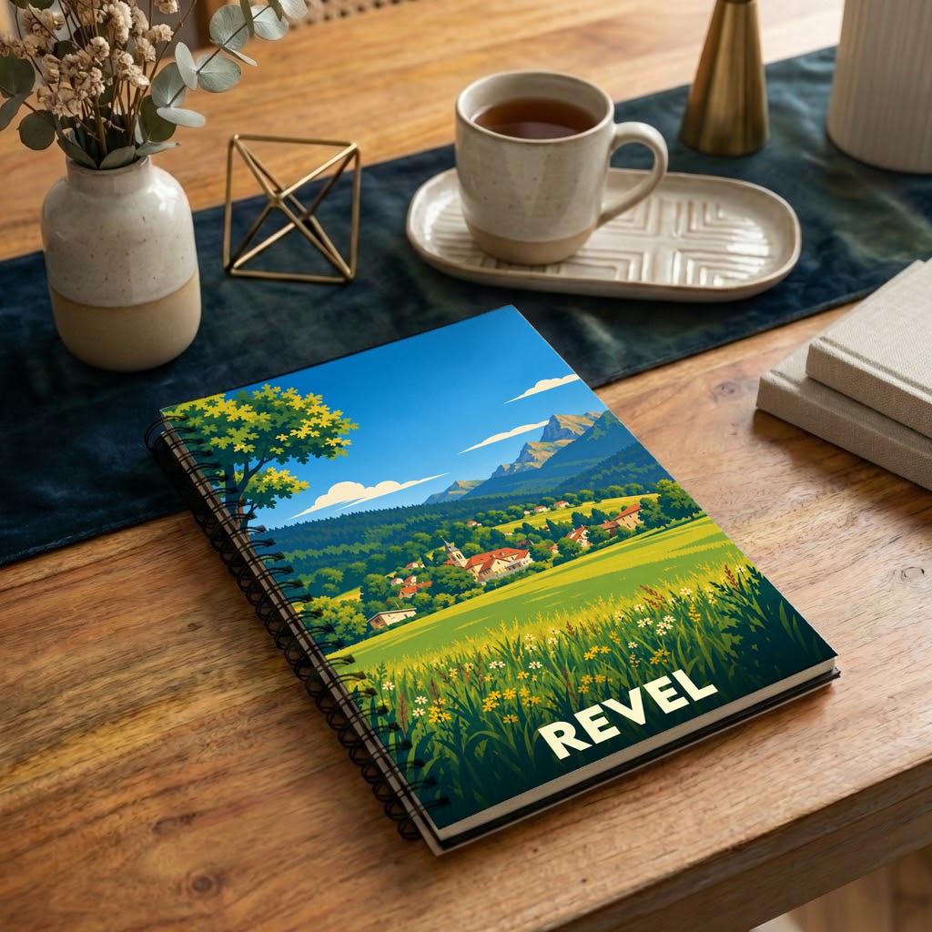 Carnet de notes souvenir de la ville de Revel avec une illustration stylisée d'un paysage de montagne et de campagne.