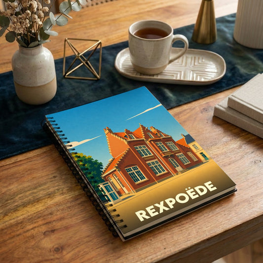 Carnet à spirales souvenir de la ville de Rexpoëde avec une illustration stylisée de son architecture typique.