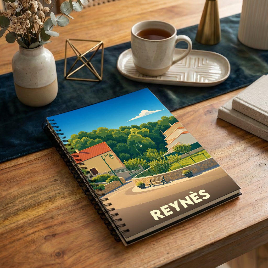 Carnet souvenir de la ville de Reynès avec une illustration stylisée.