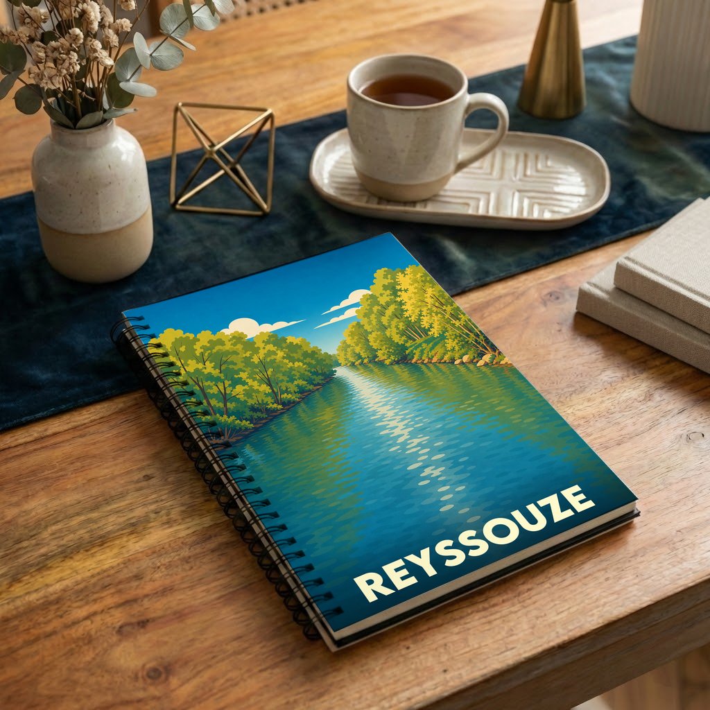Carnet souvenir de la ville de Reyssouze avec une illustration stylisée d'une rivière bordée d'arbres.