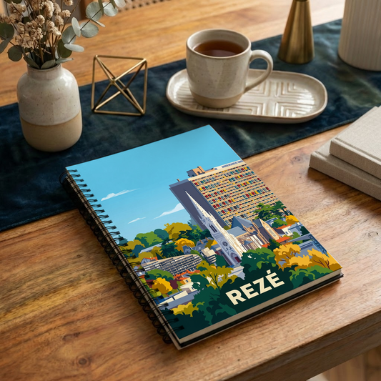 Carnet à spirale souvenir de la ville de Rezé avec une illustration stylisée et colorée.