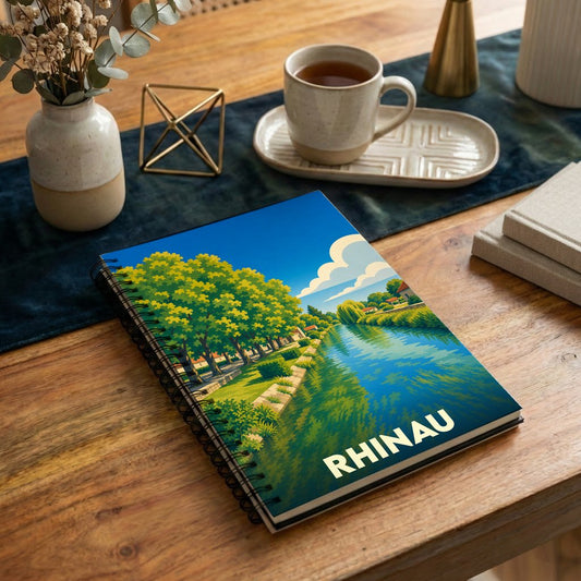 Carnet souvenir de la ville de Rhinau avec une illustration stylisée d'un paysage de rivière.